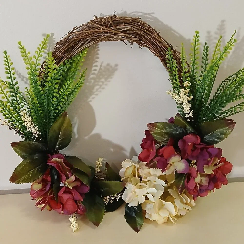 Small grapevine wreath with greenery & hydrangeas